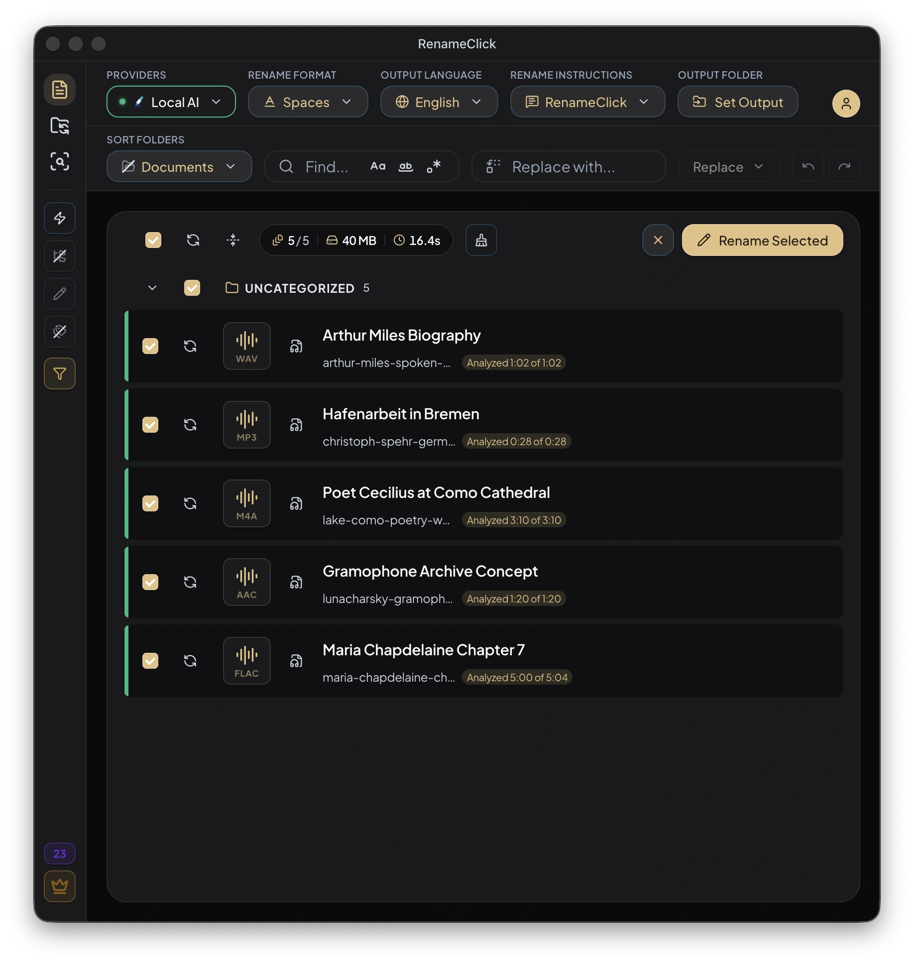 RenameClick suggesting descriptive filenames for WAV, MP3, M4A, AAC, and FLAC recordings after local speech transcription