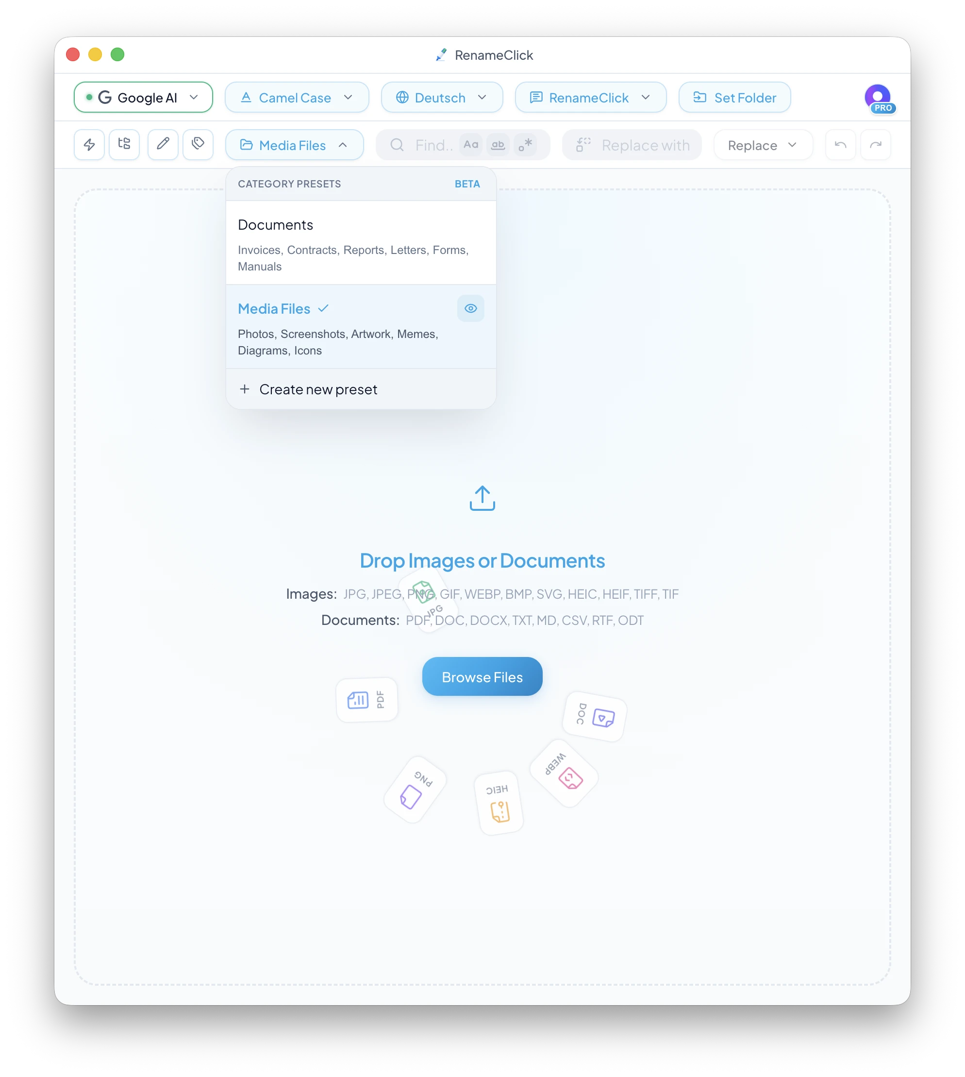 RenameClick drag and drop interface for batch renaming files with AI