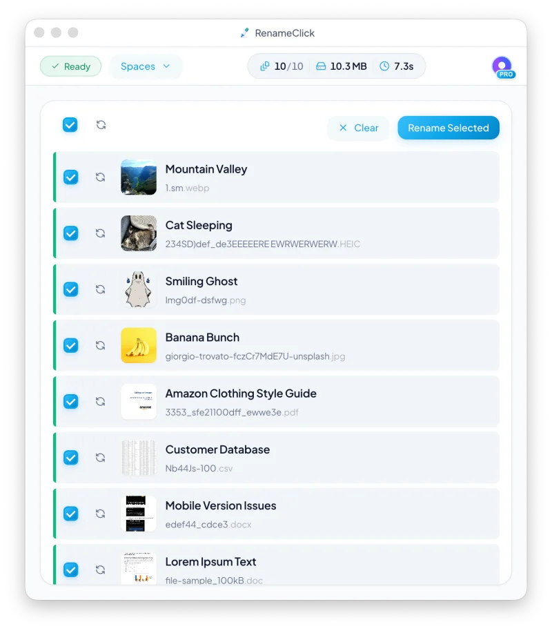 RenameClick app showing AI-powered file renaming